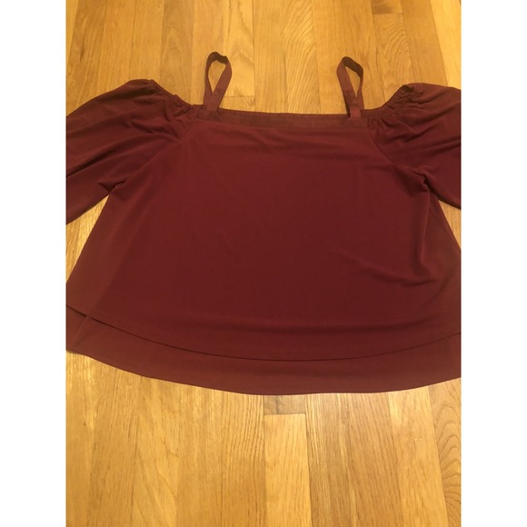 Maroon burgundy Off Shoulder Top Large Poof Tie Sleeves Boho Cottage holiday - Picture 12 of 13